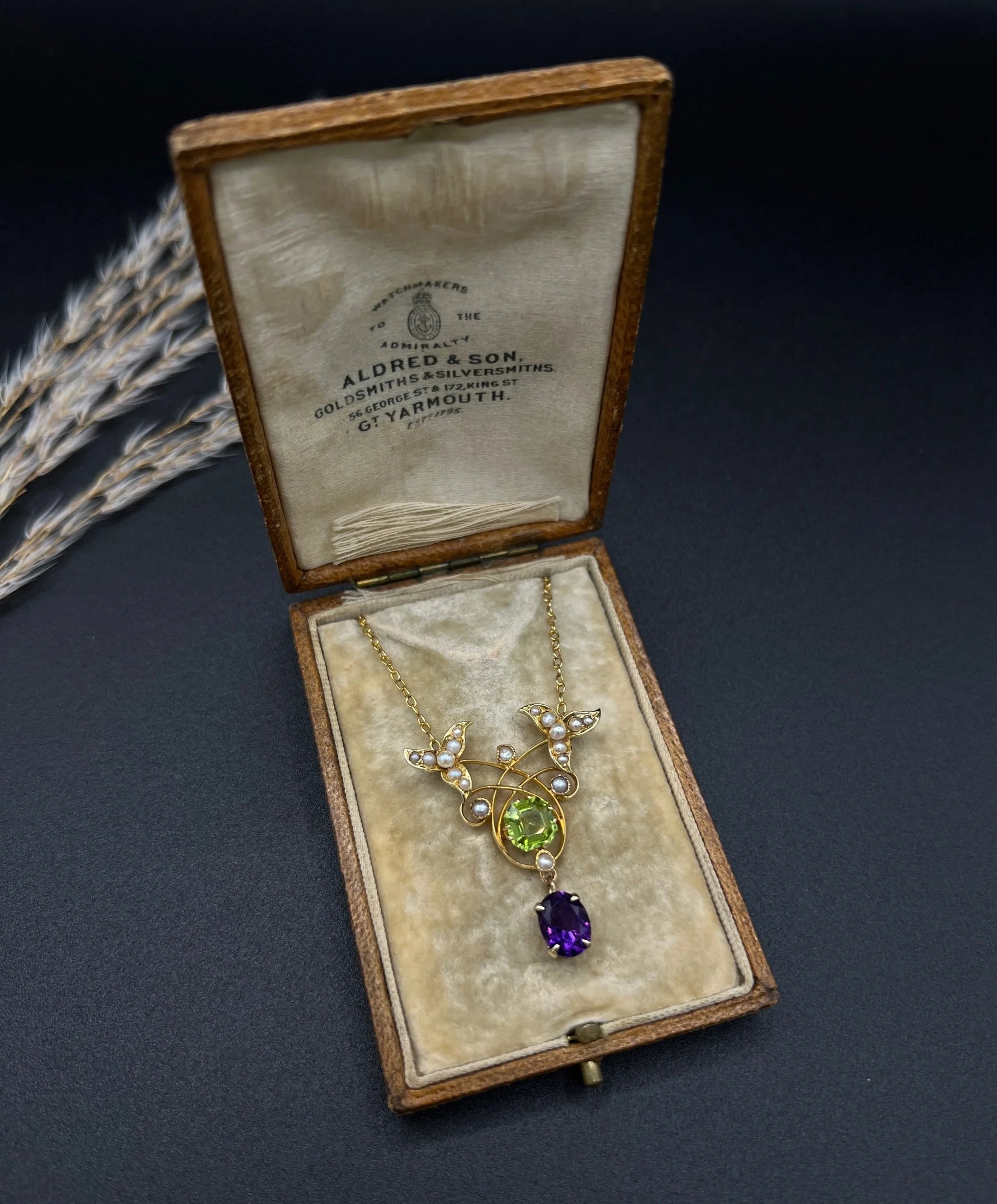 Antique 9 ct Gold Edwardian Suffragette Pendant Necklace With Amethyst, Peridot And Seed Pearls