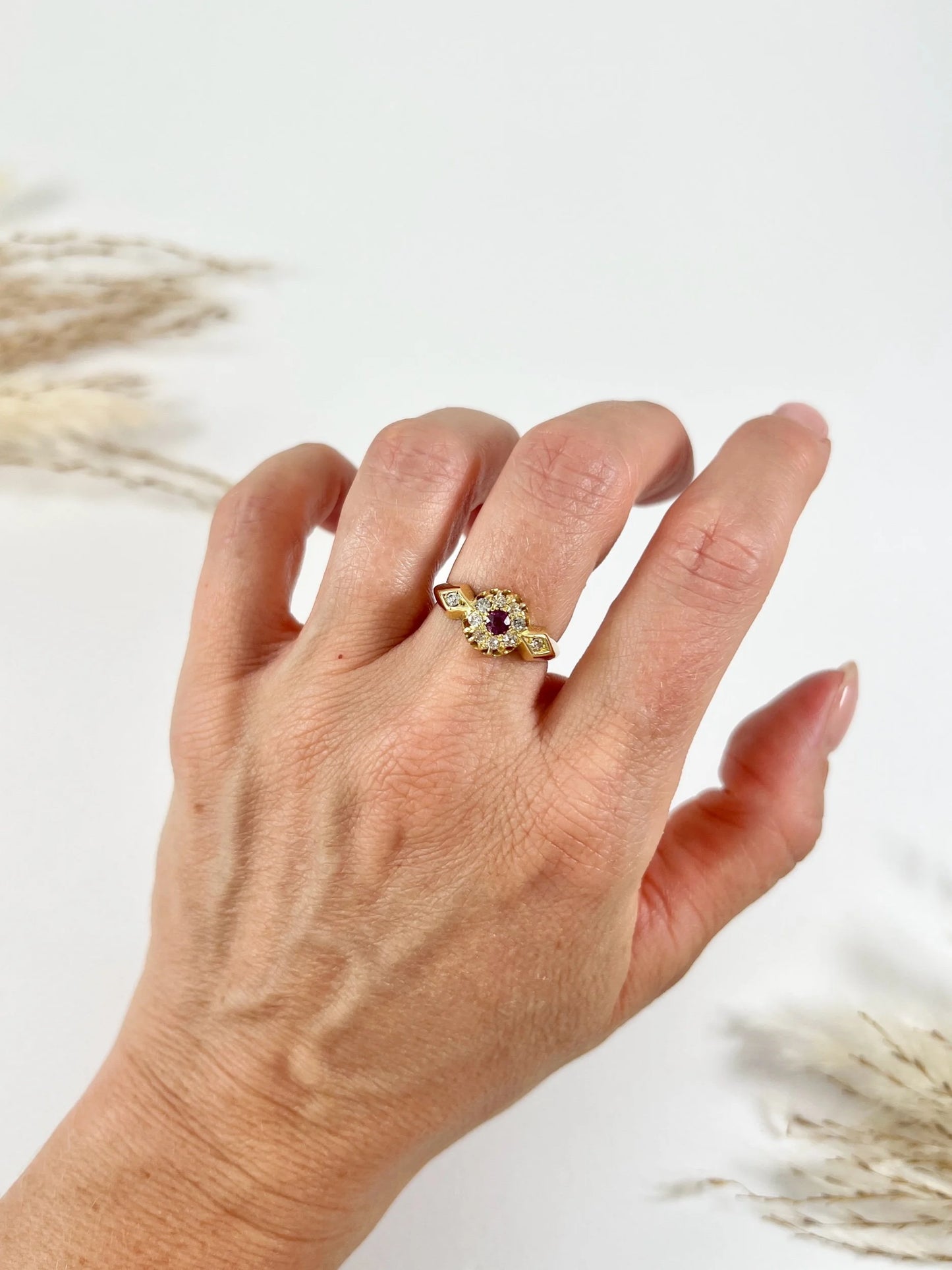Antique 18 ct Yellow Gold Fancy Ruby And Diamond Daisy Cluster Ring