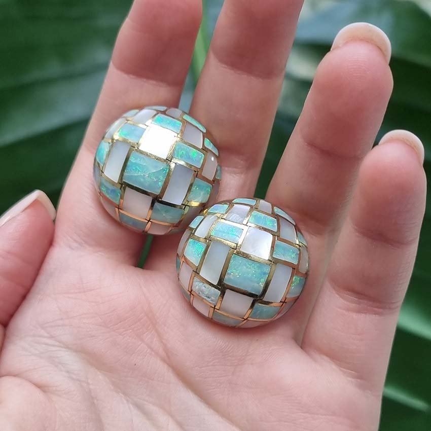 Tiffany and Co Opal and Mother of Pearl Set 18ct Yellow Gold Domed Disc Earrings with post and clip fittings