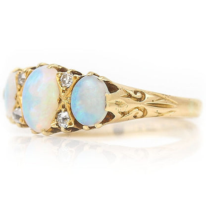 Antique Three Stone Opal Ring with Diamonds