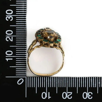 Antique Georgian Yellow Topaz and Emerald Navette Cluster Ring in 18ct Yellow Gold, Circa 1815