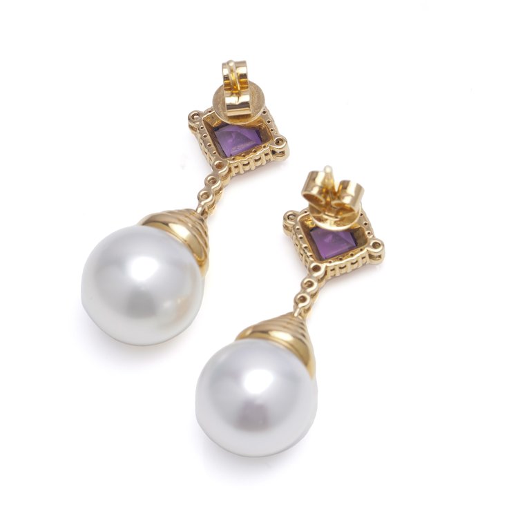 Vintage Amethyst and Pearl Drop Earrings with Diamonds