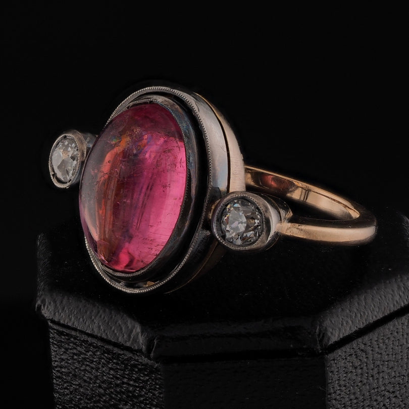 Antique 6ct Cabochon Pink Tourmaline and Old Mine Cut Diamond Trilogy Three Stone Engagement Ring