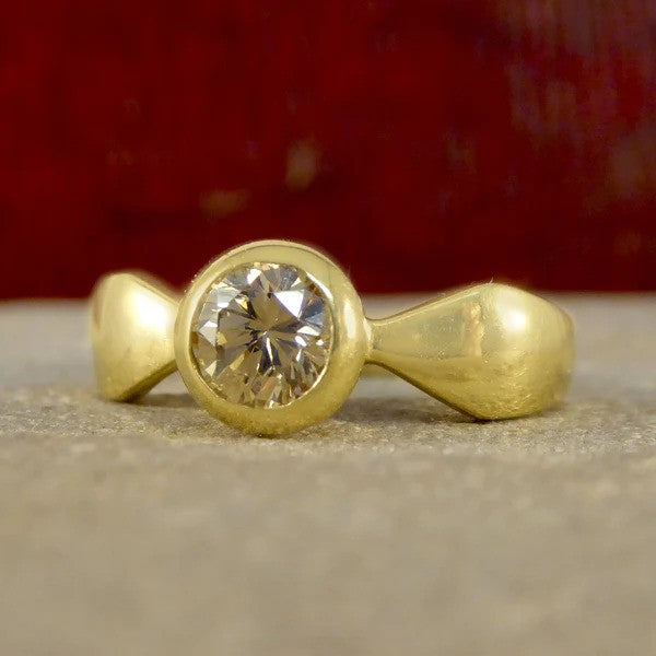 Bezel Set 0.60ct Champagne Diamond Solitaire Engagement Ring in 18ct Yellow Gold with triangular dimple style shoulders