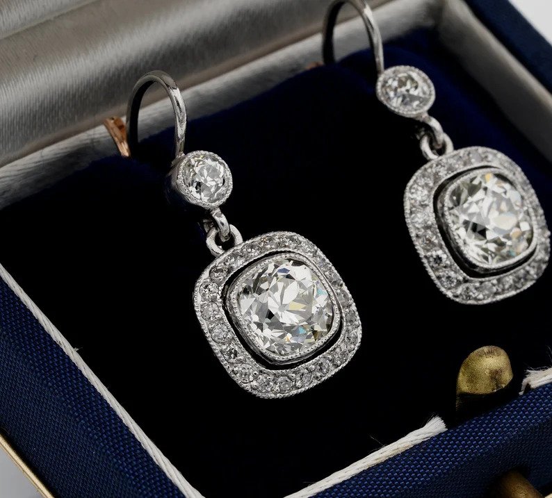 Vintage Estate Old Mine Cut Diamond Drop Earrings, 4.25 carat total