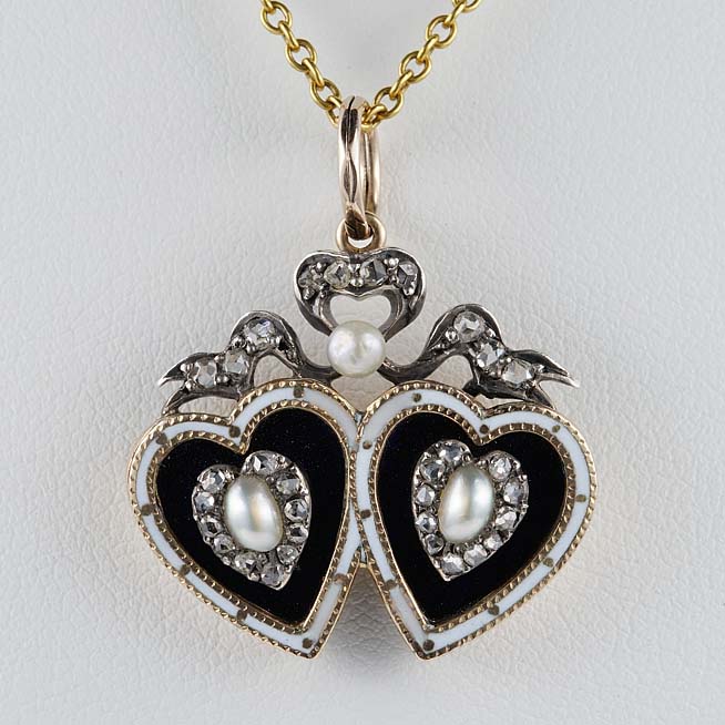 Georgian Antique Double Heart Pearl Enamel Diamond Pendant