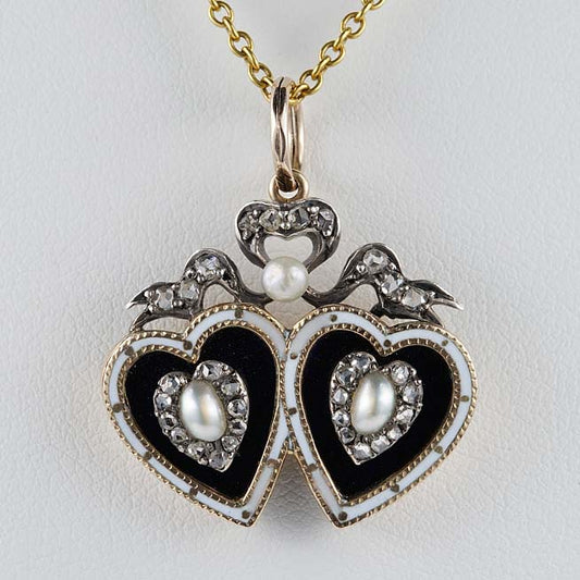 Georgian Antique Double Heart Pearl Enamel Diamond Pendant