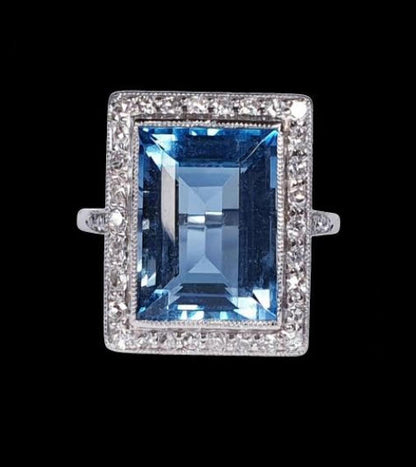 Art Deco 7ct Aquamarine and Diamond Cluster Dress Ring