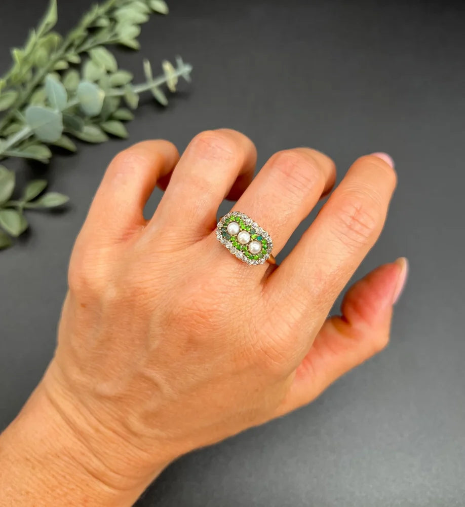 Antique Trilogy Cluster Ring In 18 Carat Yellow Gold With Gemstones