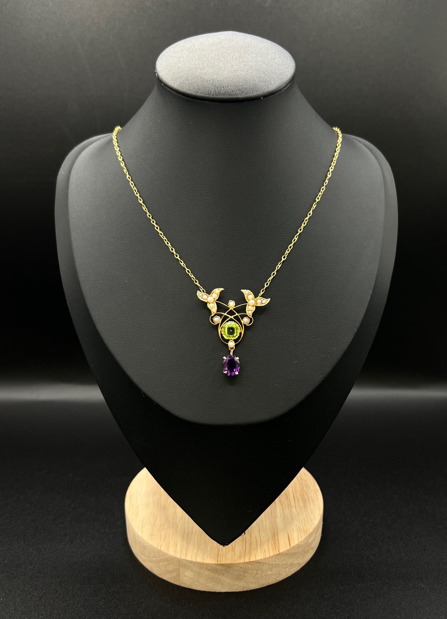 Antique 9 ct Gold Edwardian Suffragette Pendant Necklace With Amethyst, Peridot And Seed Pearls