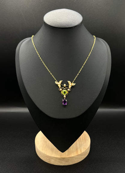 Antique 9 ct Gold Edwardian Suffragette Pendant Necklace With Amethyst, Peridot And Seed Pearls
