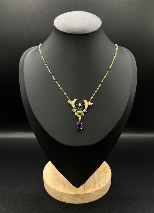 Antique 9ct Gold Stamped, Authentic Edwardian-era Suffragette Pendant Necklace with Amethyst, Peridot & Seed Pearls