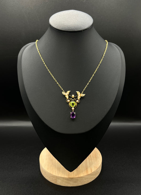 Antique 9 ct Gold Edwardian Suffragette Pendant Necklace With Amethyst, Peridot And Seed Pearls