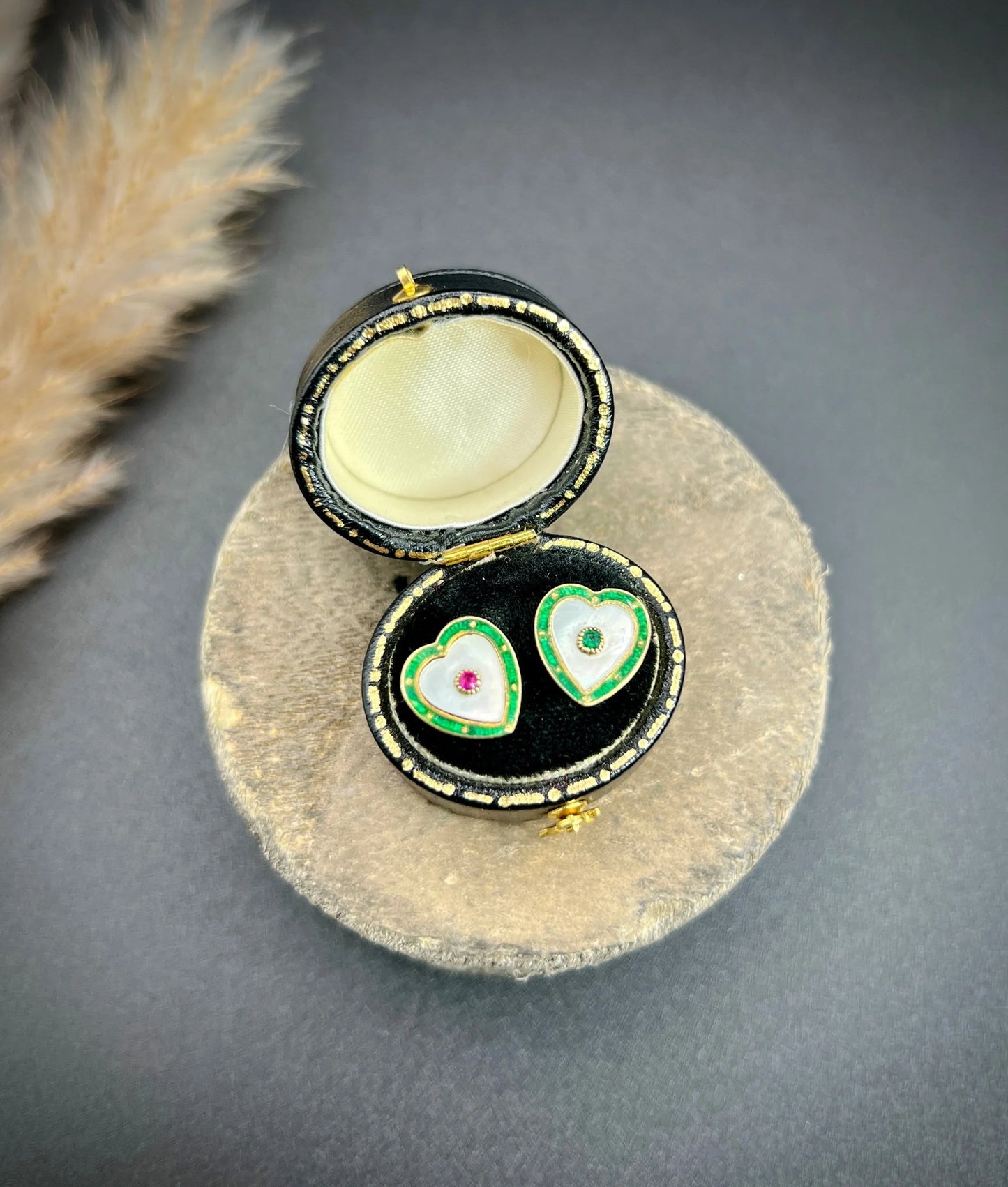 Antique 15ct Yellow Gold, 1920s Mother of Pearl, Green Enamel, Ruby & Emerald Heart Shaped Stud Earrings