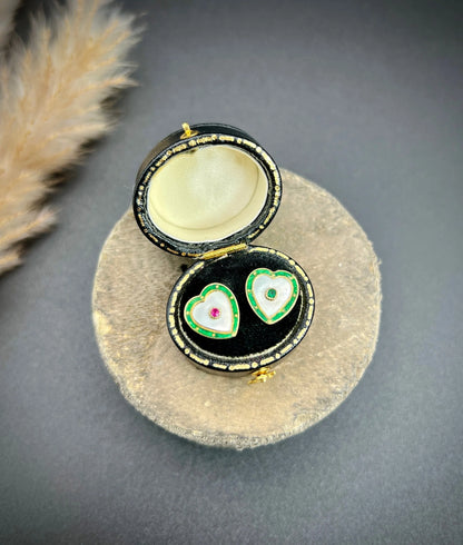 Antique 15ct Yellow Gold, 1920s Mother of Pearl, Green Enamel, Ruby & Emerald Heart Shaped Stud Earrings