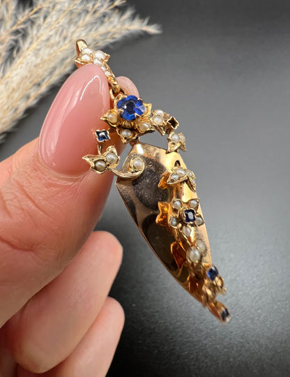 Antique 15 Carat Rose Gold Sapphire and Pearl Pendant, Circa 1900