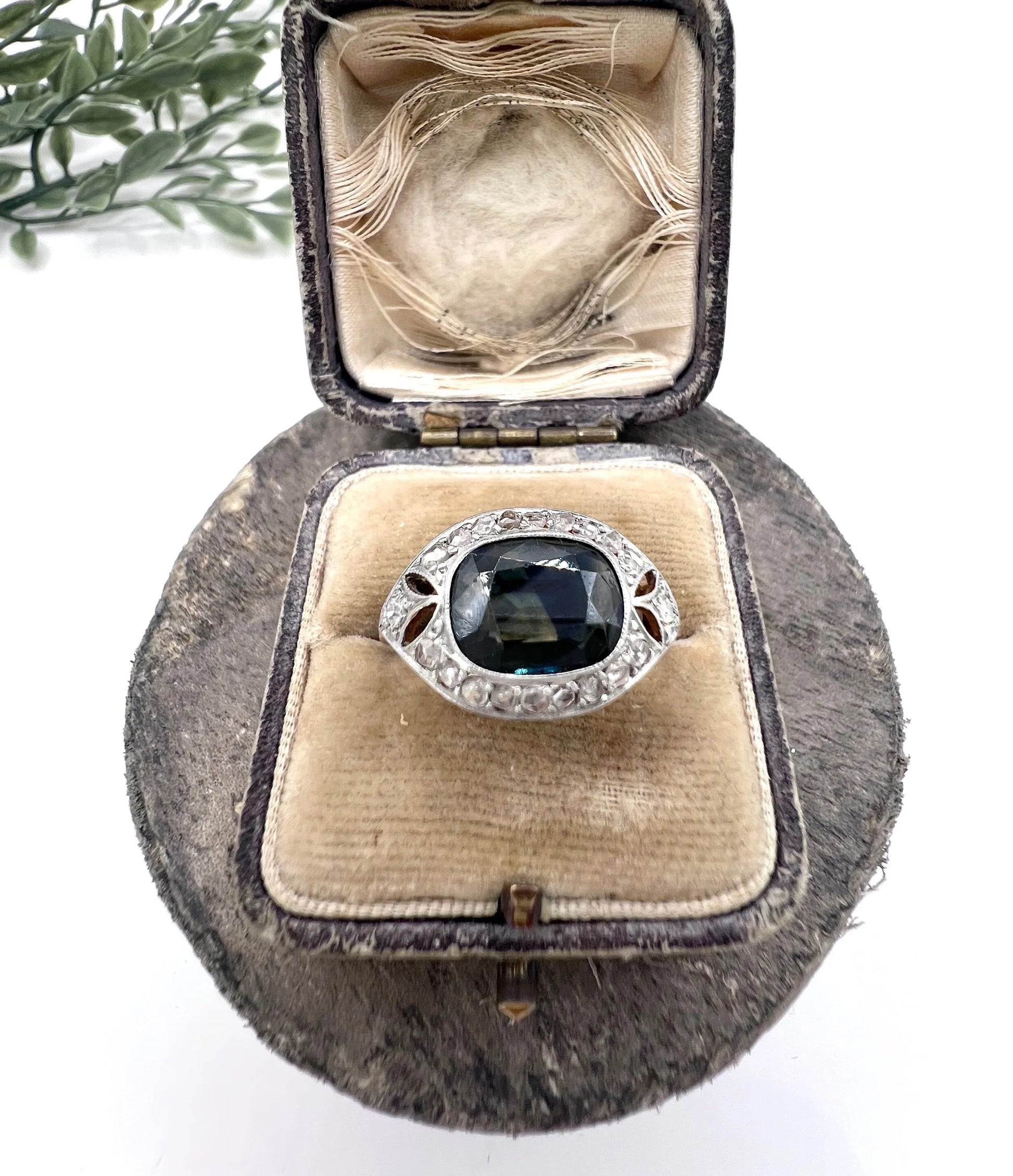 Antique 18ct Gold & Platinum, Edwardian Cushion Cut Sapphire and Diamond Ring