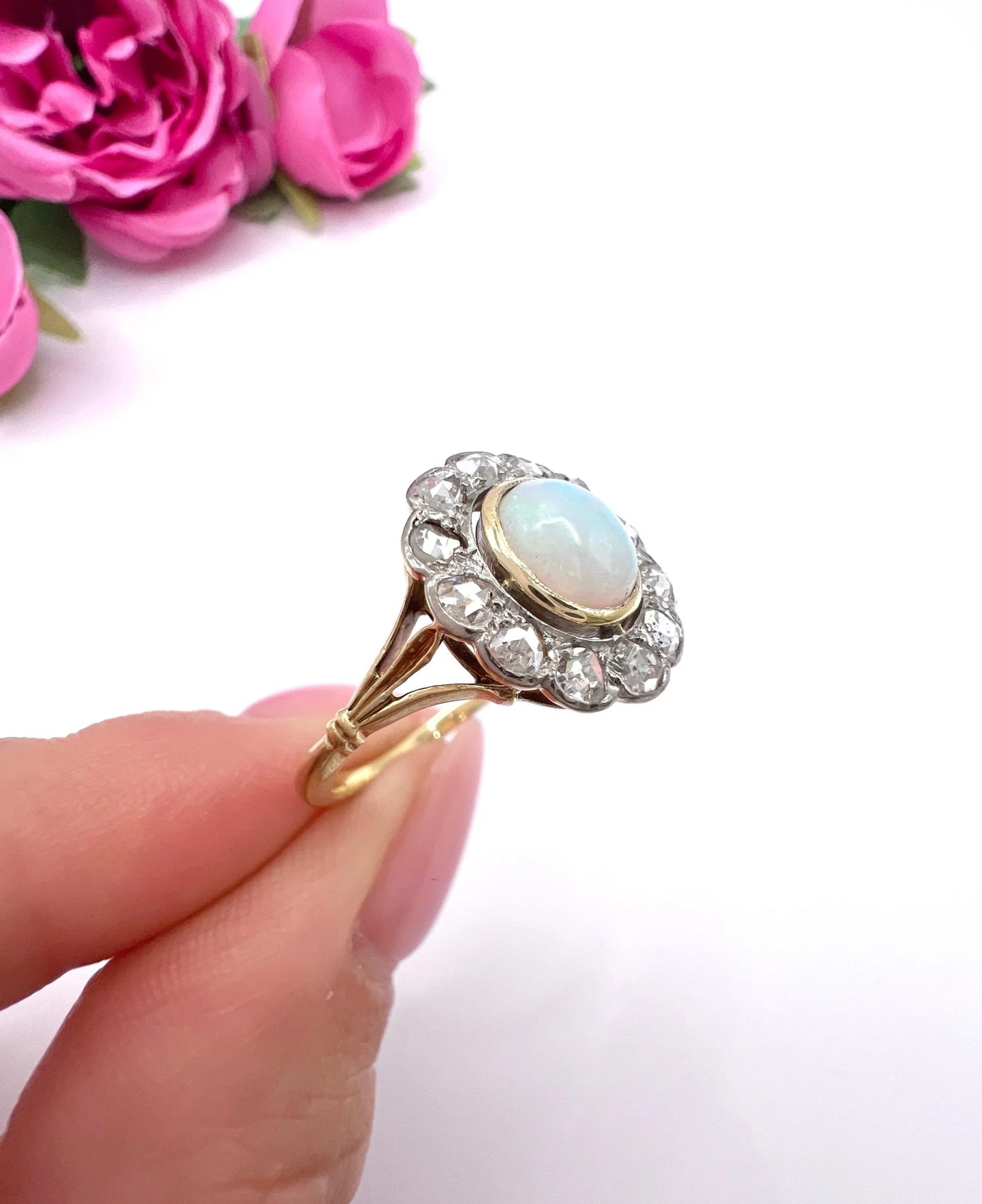 Victorian 18 Carat Yellow Gold Opal and Diamond Oval Cluster Ring, Circa 1890