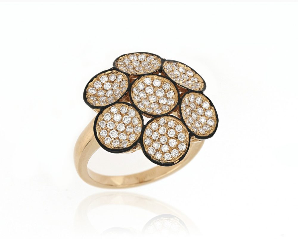 Diamond and Black Enamel Flower Cluster Ring, Yellow Gold