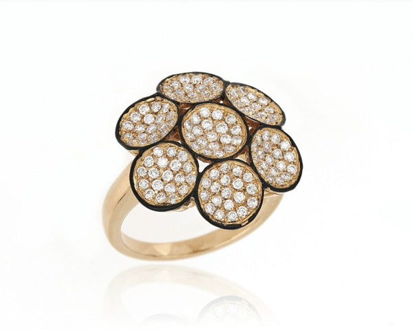 Diamond and Black Enamel Flower Cluster Ring, Yellow Gold
