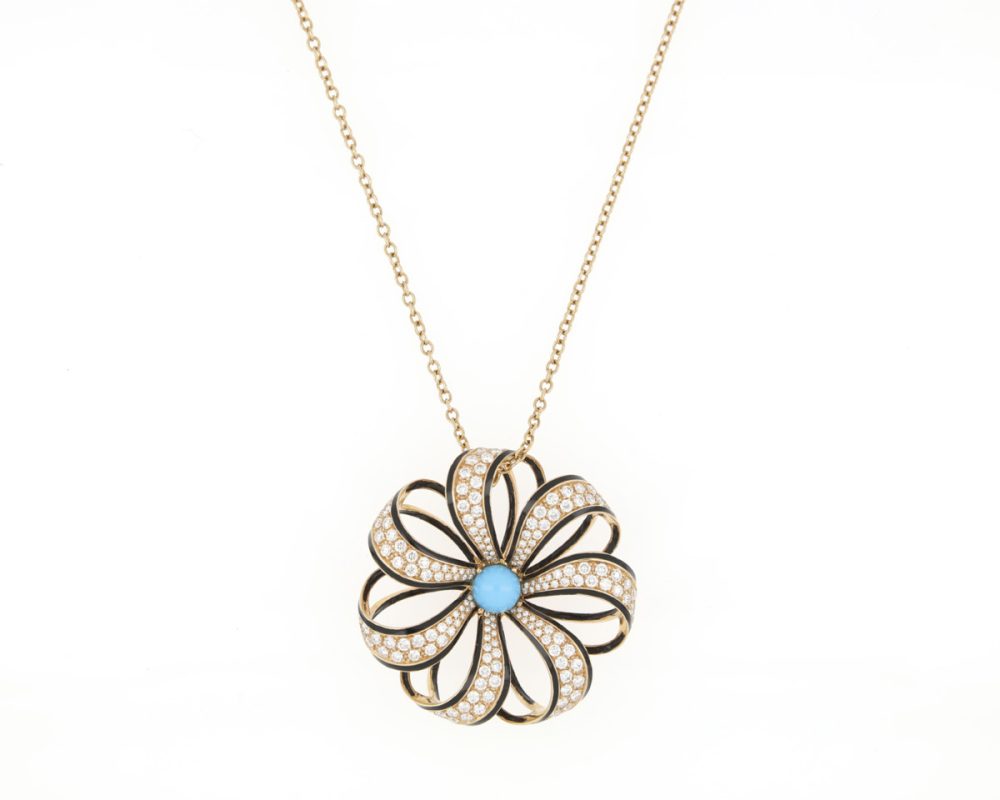 Fine Turquoise, Diamond and Black Enamel Set Pendant Necklace, 18ct Yellow Gold