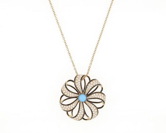 Fine Turquoise, Diamond and Black Enamel Set Pendant Necklace, 18ct Yellow Gold
