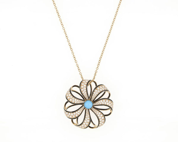 Fine Turquoise, Diamond and Black Enamel Set Pendant Necklace, 18ct Yellow Gold