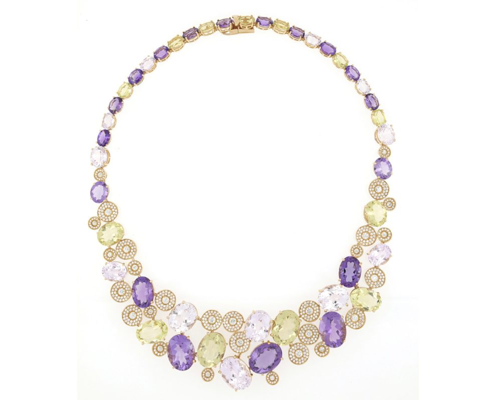 Fancy Amethyst, Peridot, Rose Quartz and Diamond Set 18ct Yellow Gold Necklace