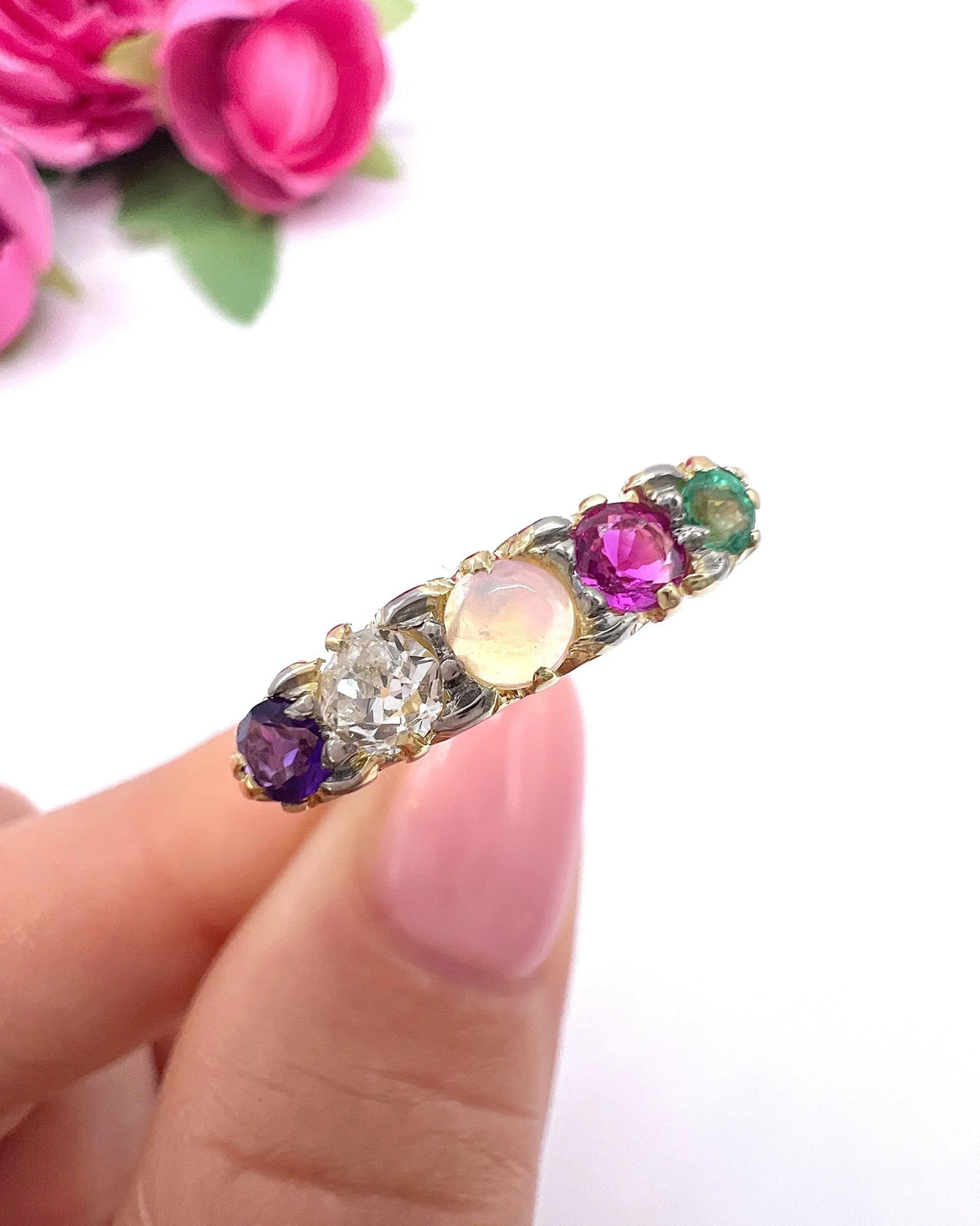 Victorian 18 Carat Gold ADORE Amethyst, Diamond, Opal, Ruby and Emerald Ring