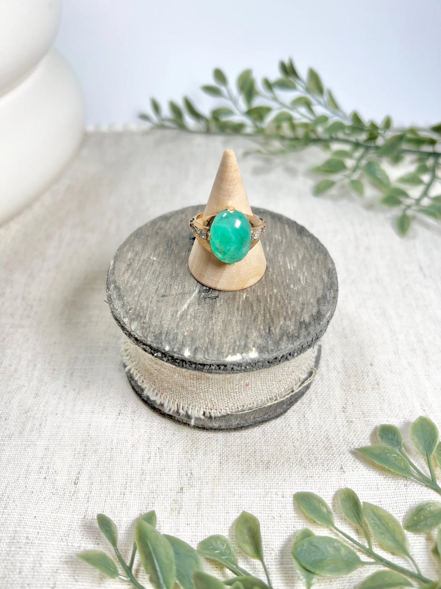 Vintage 14 Carat Rose Gold Cabochon Emerald and Diamond Ring, Circa 1960