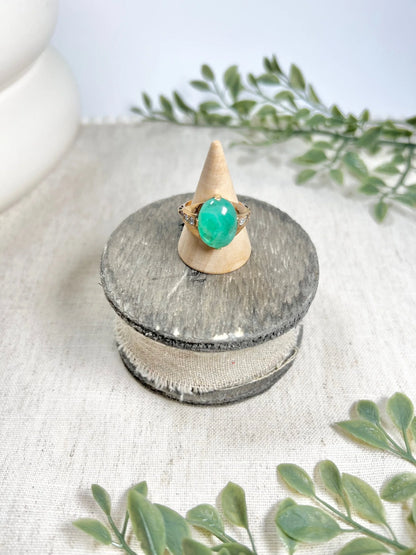 Vintage 14 Carat Rose Gold Cabochon Emerald and Diamond Ring, Circa 1960