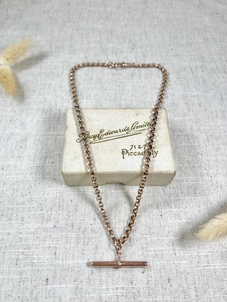 Antique 9ct Rose Gold, Edwardian Round Faceted Belcher Link Chain with Moveable T-bar