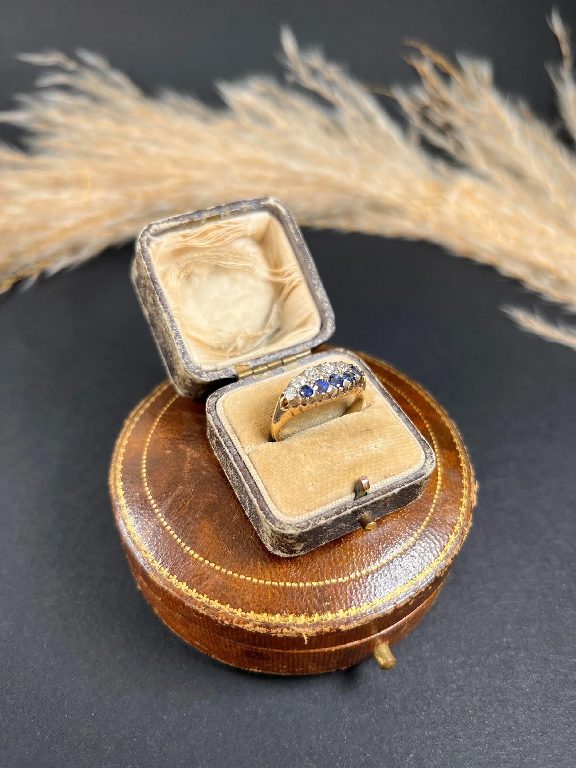 Victorian 18 Carat Gold Sapphire and Diamond Boat Shaped Ring, Circa 1880