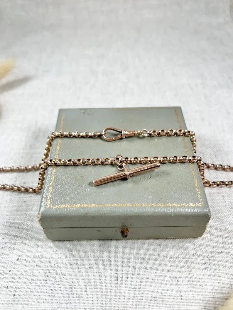 Antique 9ct Rose Gold, Edwardian Round Faceted Belcher Link Chain with Moveable T-bar