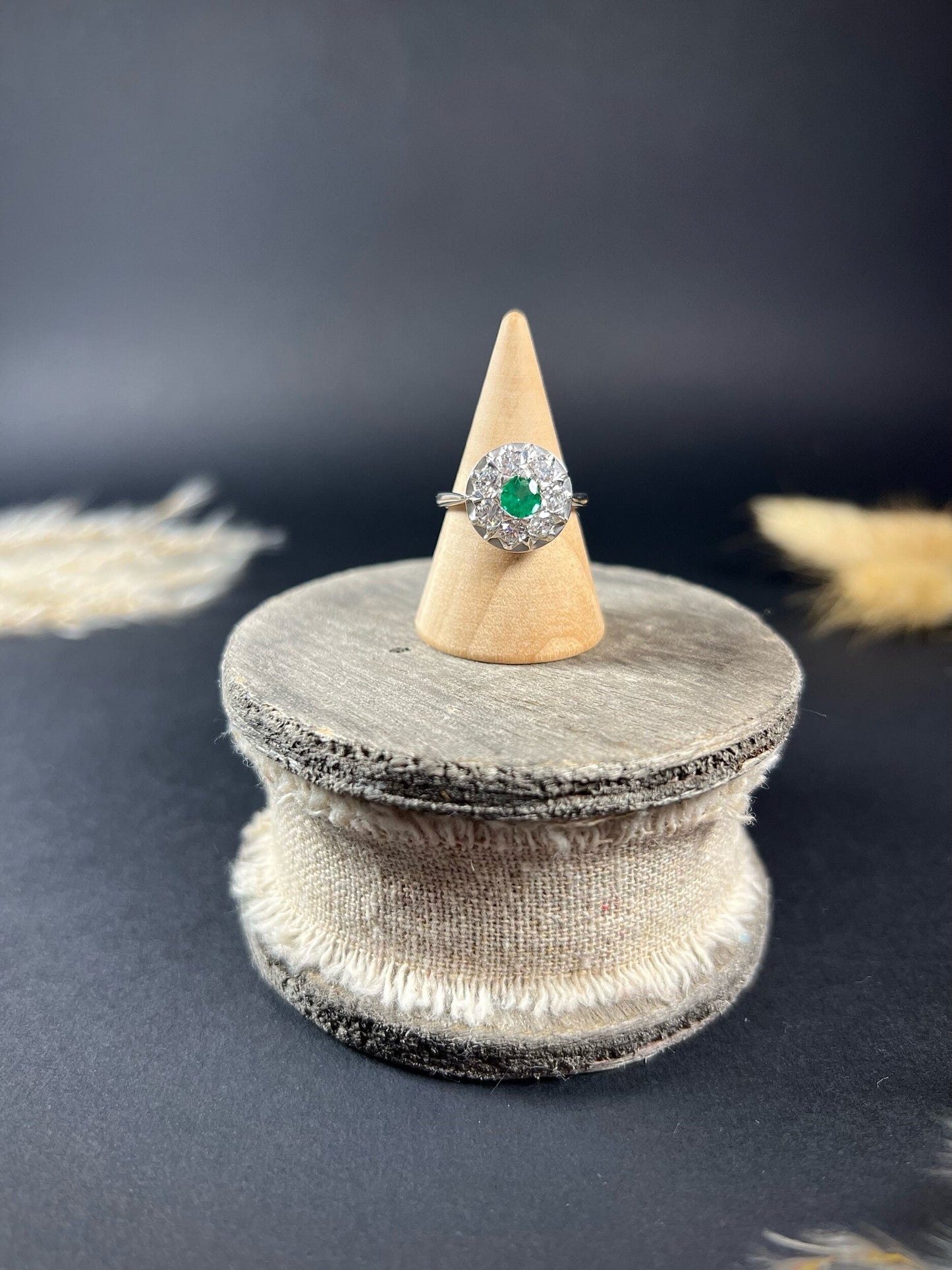 Vintage 18ct White Gold, 1940s Emerald Diamond Round Cluster Engagement Ring