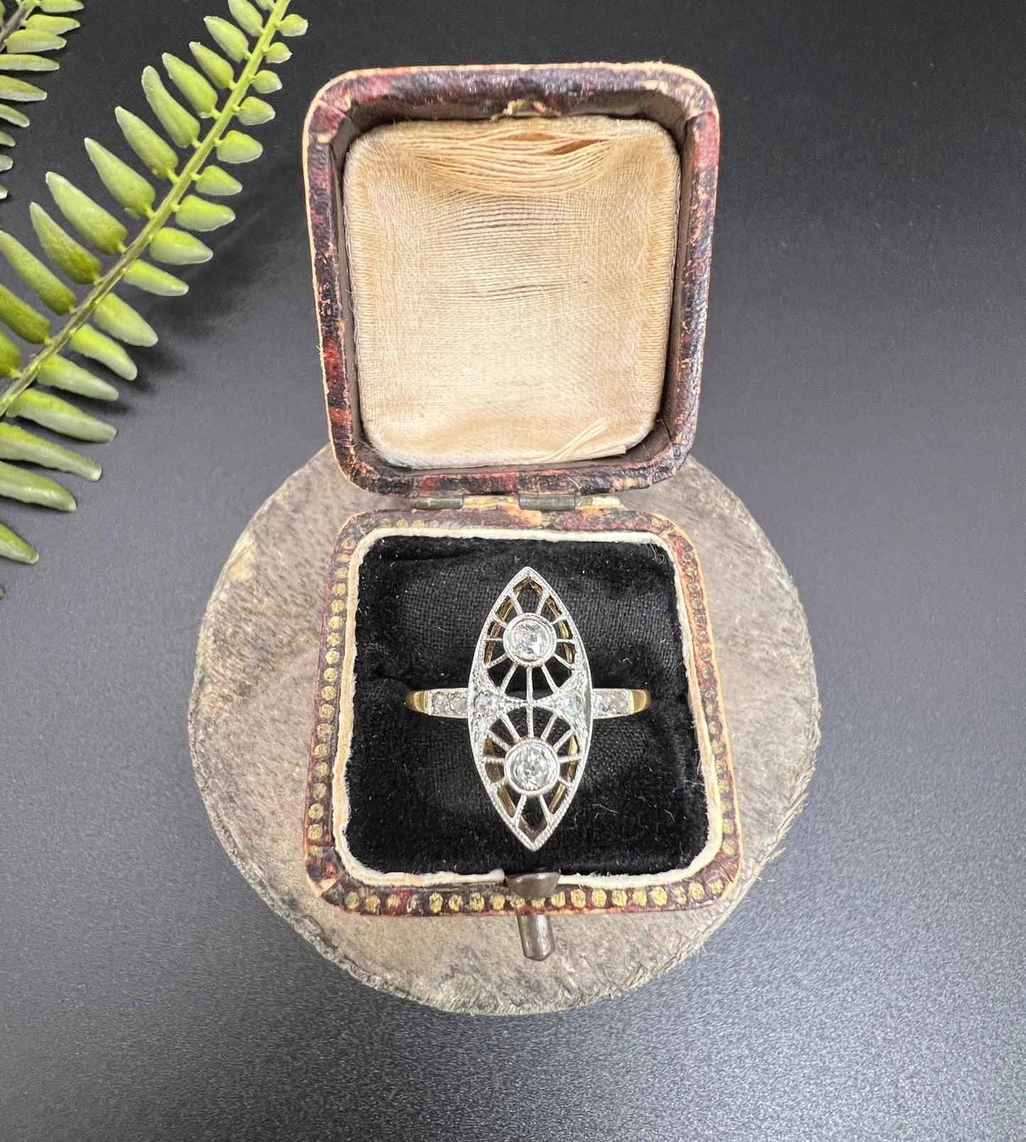Antique 18 ct Gold And Platinum Open Work Diamond Marquise/Navette Shaped Ring