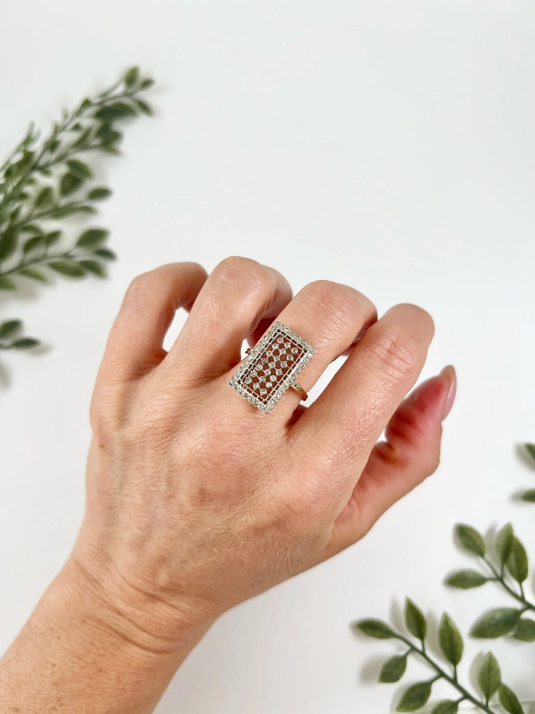 Edwardian Antique Diamond Rectangular Plaque Ring