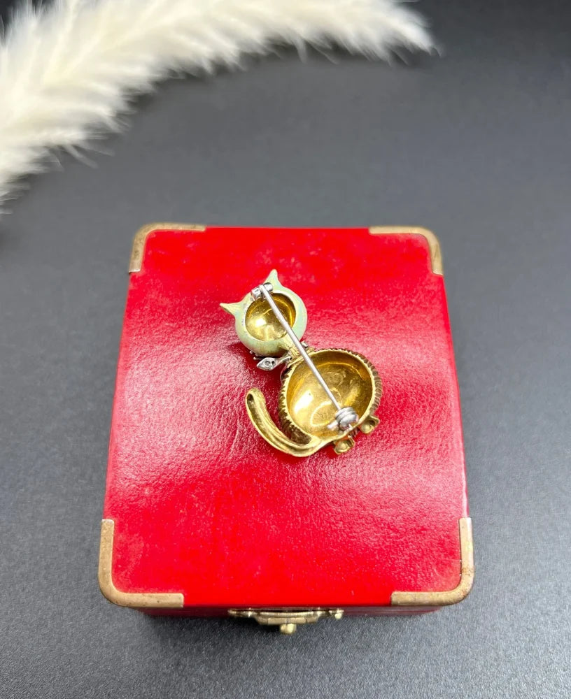 Vintage Enamel And Old Cut Diamond Cat Brooch In 18 Carat Yellow Gold