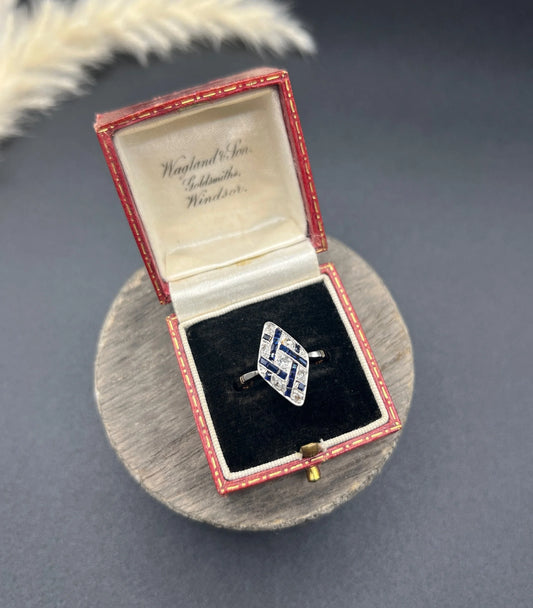 Antique 18 Carat Gold And Platinum Art Deco Sapphire And Diamond Marquise Ring