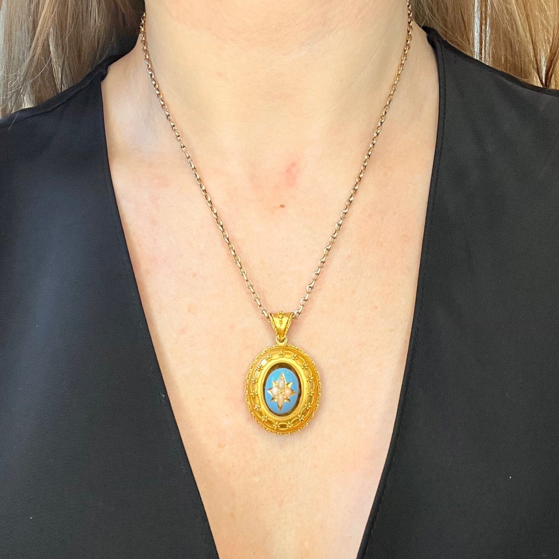 Early Victorian Antique 15ct Yellow Gold Locket Pendant with Turquoise Blue Enamel Centre and Star Set Natural Coral