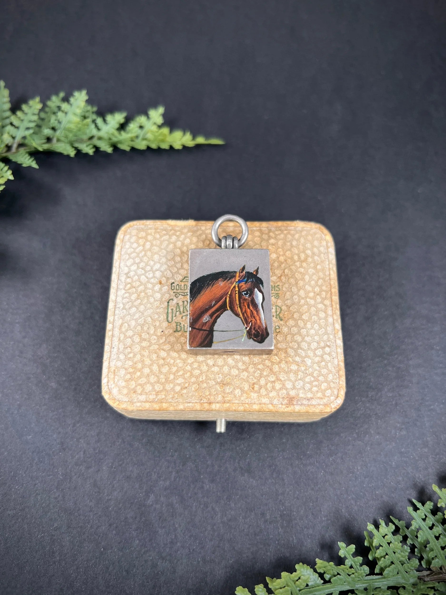 Antique French Silver, Edwardian Era Rectangular Enamel Horse Locket, Heirloom Gift