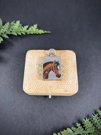 Antique French Silver, Edwardian Era Rectangular Enamel Horse Locket, Heirloom Gift