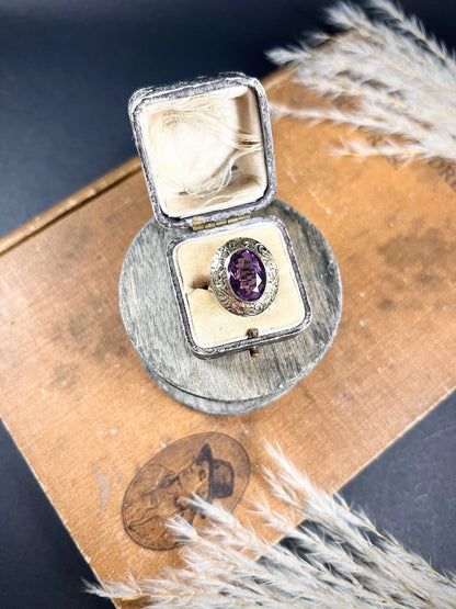 Antique 14ct Two Colour Gold, Fancy Victorian Faceted Amethyst Dress Ring