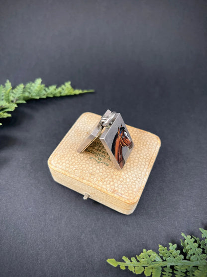 Antique French Silver, Edwardian Era Rectangular Enamel Horse Locket, Heirloom Gift