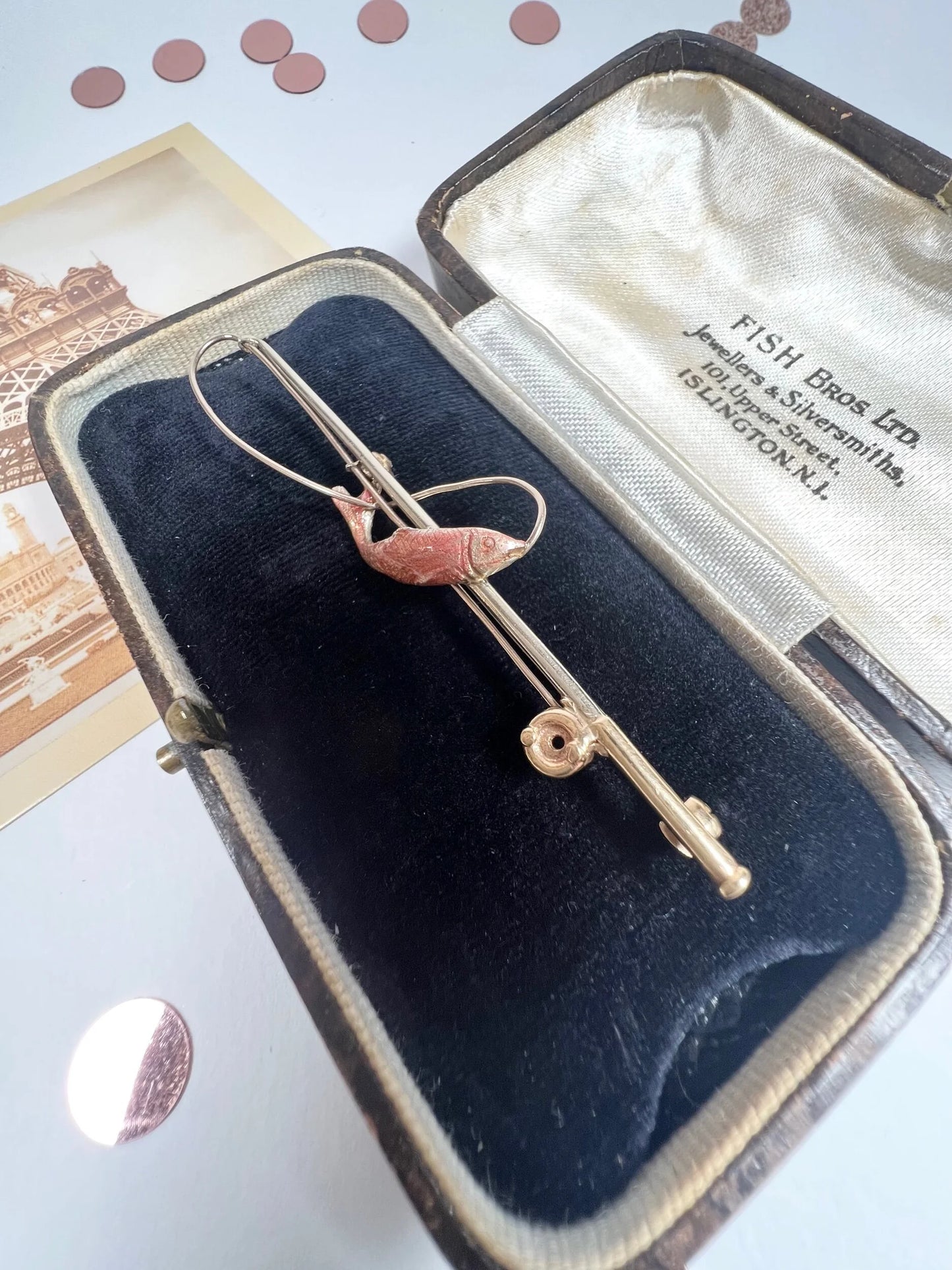 Antique 9ct Gold & Enamel Edwardian Fishing Rod Brooch, Hallmarked London 1905