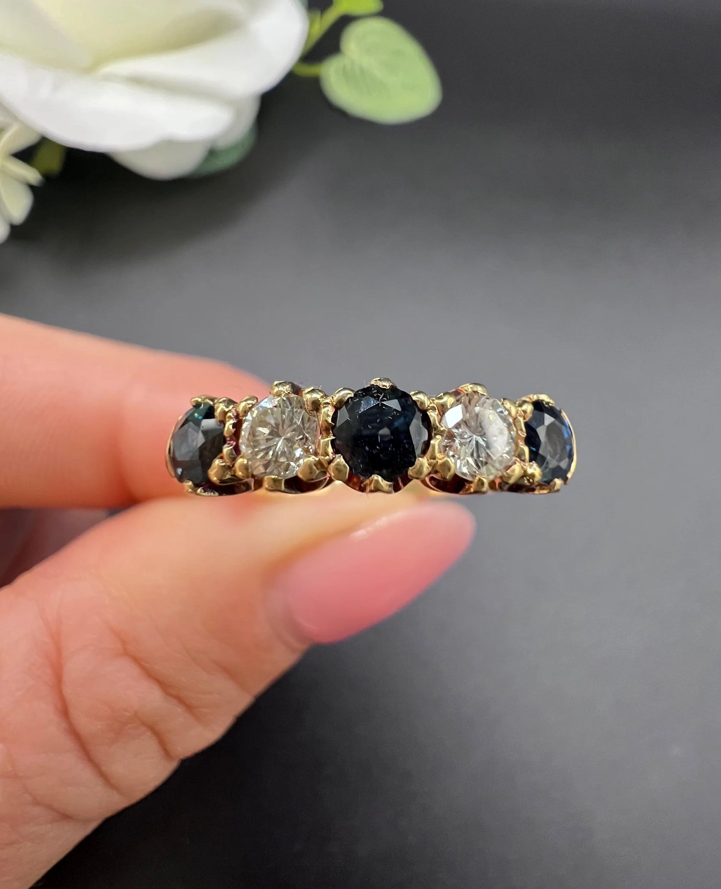 Vintage 18ct Yellow Gold, Victorian Style Sapphire and Diamond Five Stone Ring, London 1976