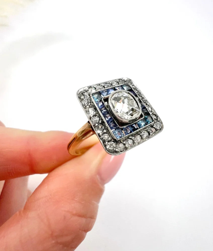 Edwardian Antique Sapphire and Diamond Square Cluster Target Ring