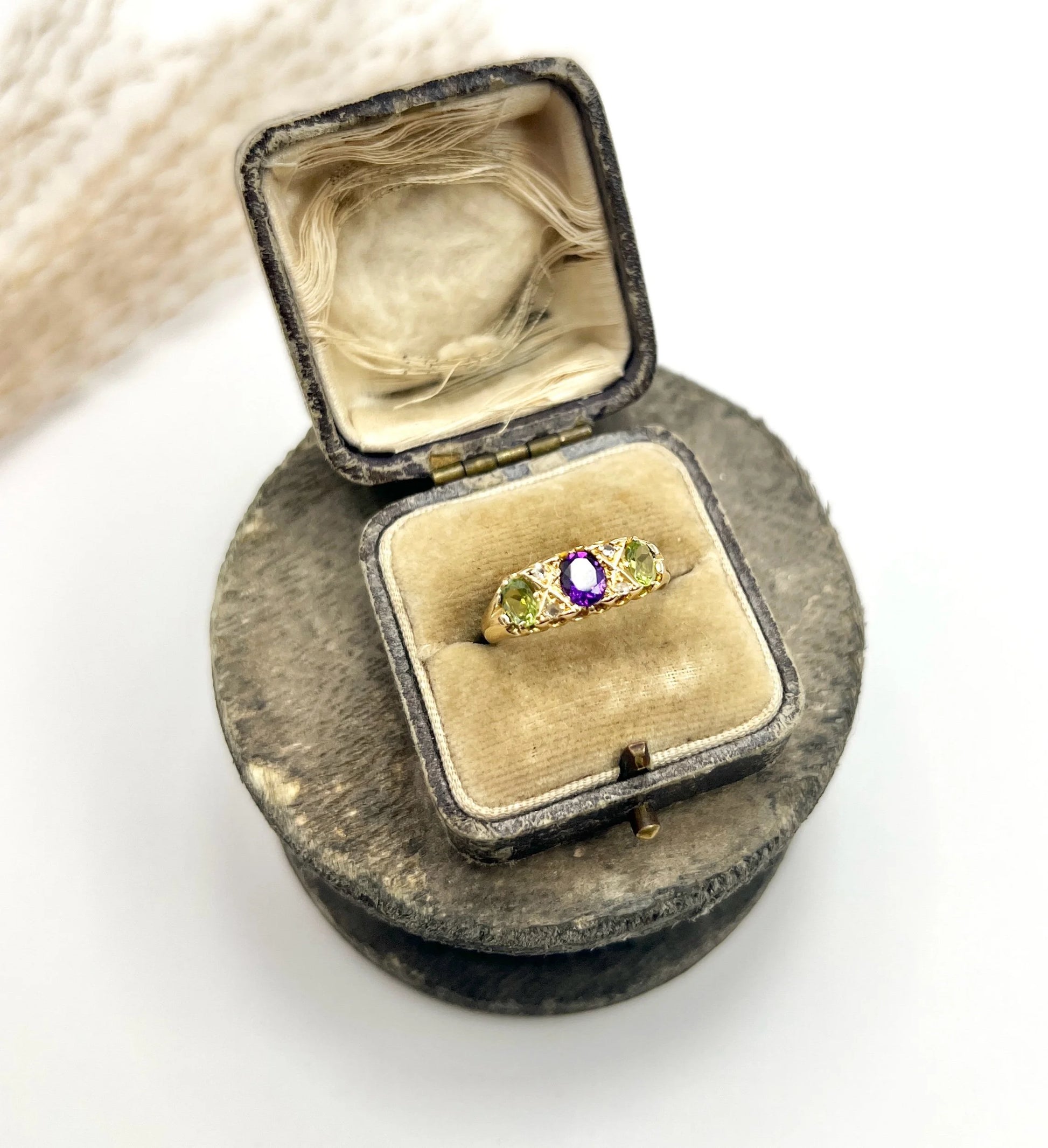Antique 18 ct Yellow Gold, Amethyst, Diamond And Peridot Suffragette Ring