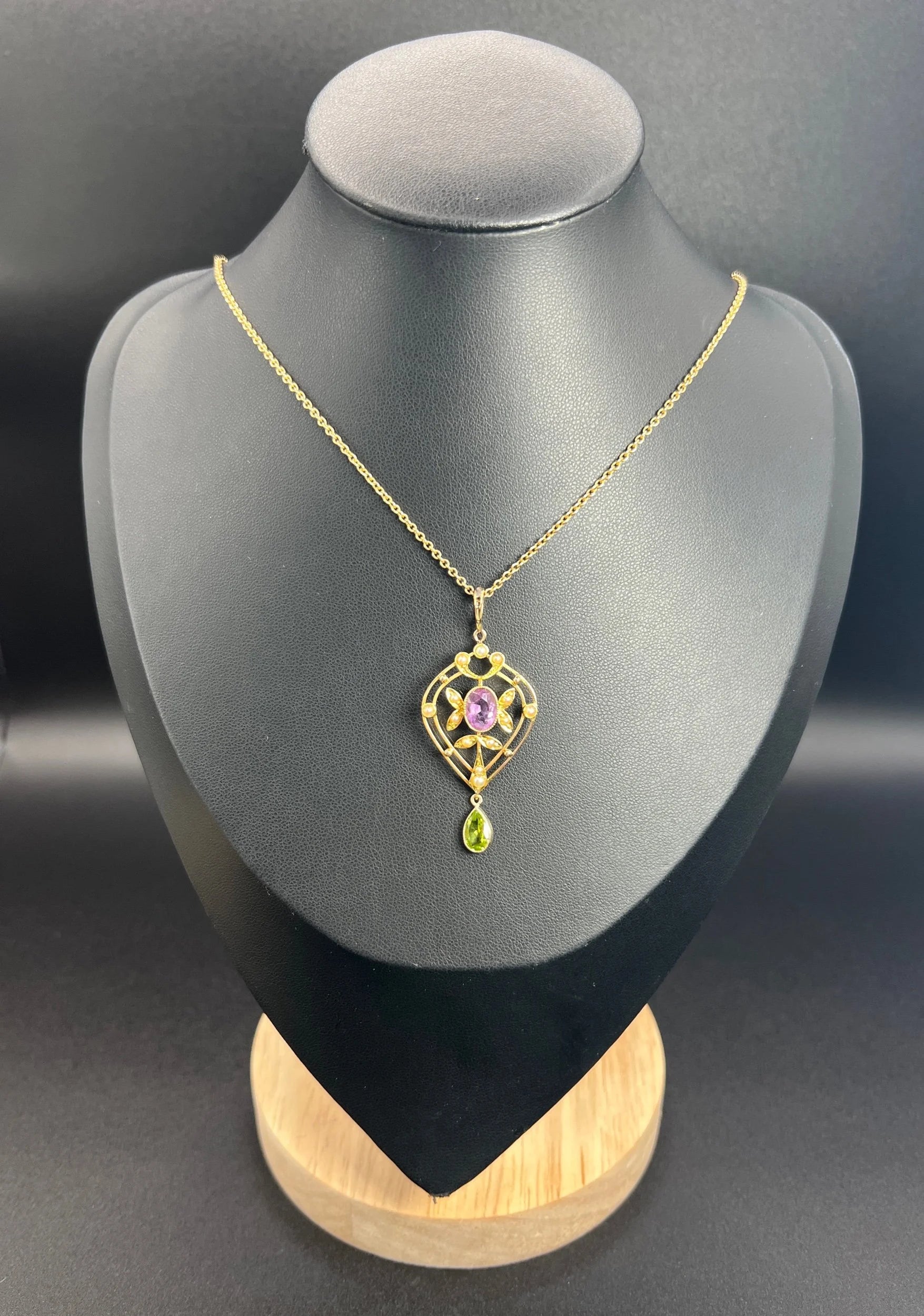 Antique 15 ct Gold Authentic Edwardian Suffragette Pendant set with Amethyst, Peridot And Seed Pearls