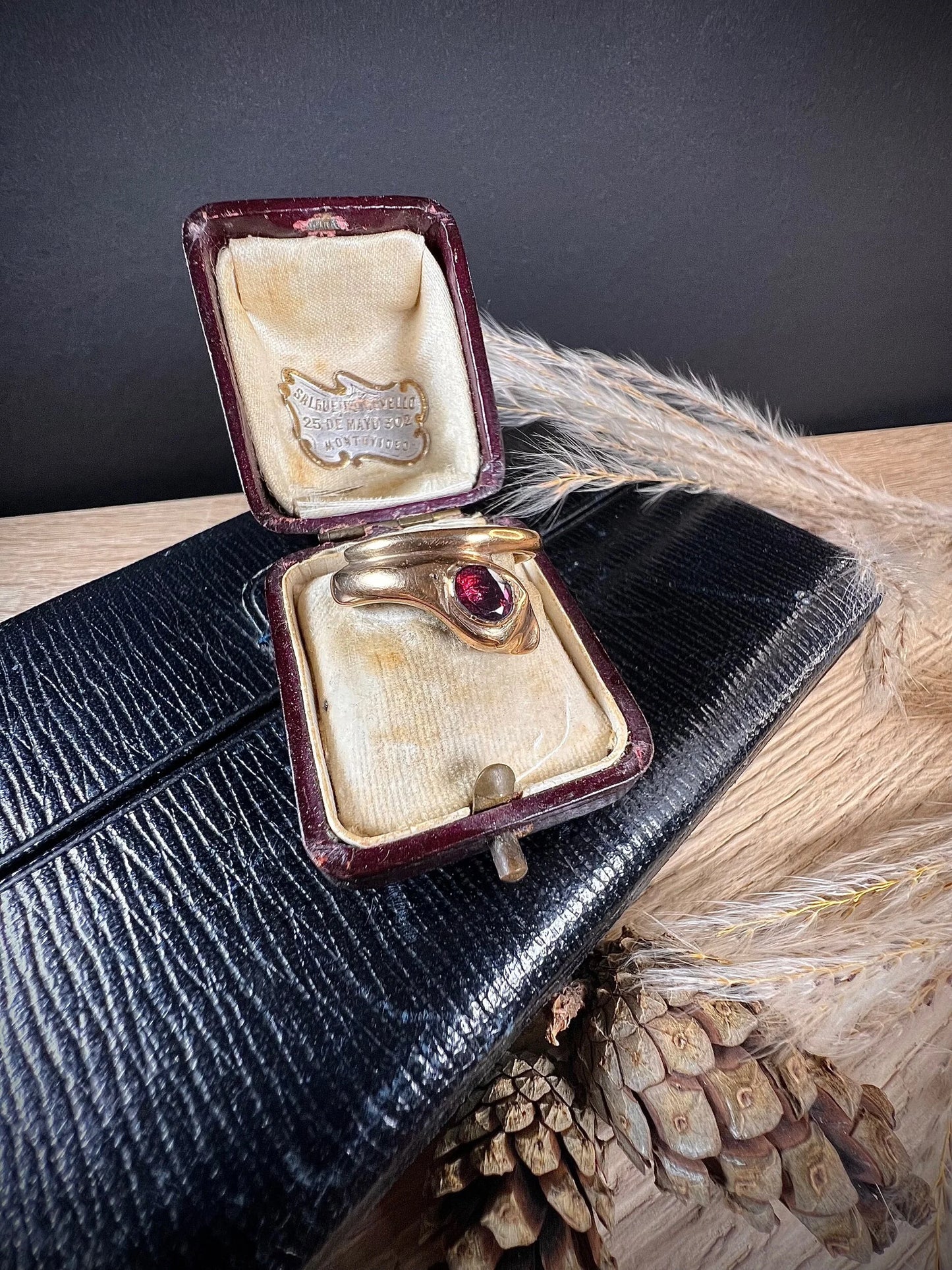 Antique 10ct Rose Gold, Victorian Garnet Headed Snake Ring